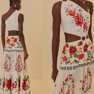 Farm Rio Floral Cross Stitch Embroidered One-Shoulder Dress.